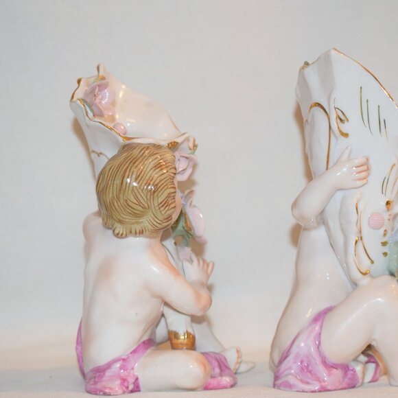 Vintage Pair Porcelain Cherub Cornucopia Figurines - Picture 7 of 10